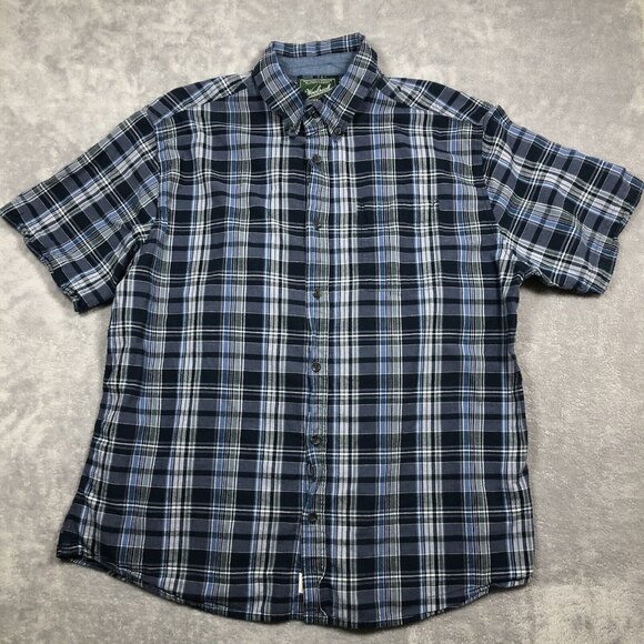 Woolrich Shirt Mens XL Blue Plaid Organic Cotton Short Sleeve Button Up Outdoor - Picture 1 of 11
